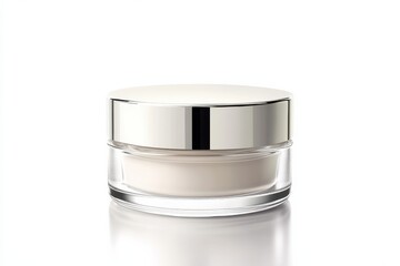 Elegant and minimalistic cream jar resting on a reflective surface with soft lighting isolated on transparent background