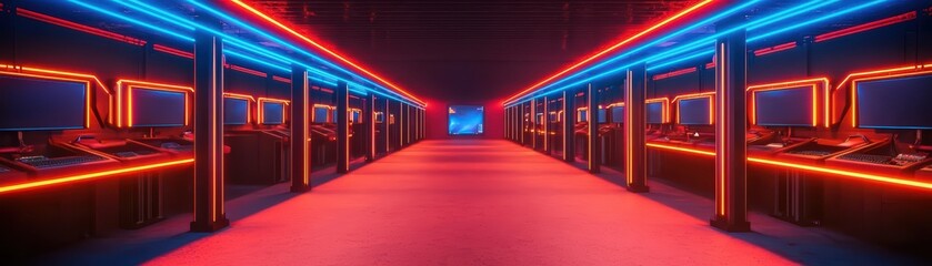 Illuminated Esports Arena with Neon Lights Creating a Chaotic Atmosphere for Gaming