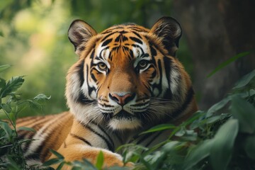 Fototapeta premium Majestic Bengal Tiger Stares Intently, Relaxing Among Lush Green Foliage in Natural Habitat