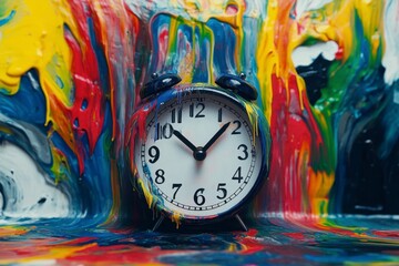 Vibrant Alarm Clock Melting into a Colorful Abstract Expressionist Background