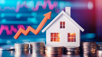 House on coins with upward graph symbolizes real estate investment growth.