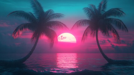 Tropical Sunset with Palm Trees Reflecting on the Water Pink and Blue Sky