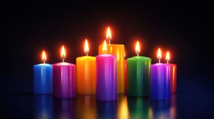 Colorful candles, vibrant flames, dark background, still life, decorative