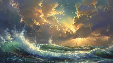 A stormy ocean scene with crashing waves, dramatic clouds, and a beam of sunlight breaking through.

