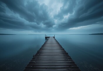 Obraz premium Serene Lake Pier. Weathered Wood Texture. Cloudy Sky Panorama. Peaceful Waterscape. A Moment Of Reflection. Tranquility. Blue To Gray. Leading Lines Point To The Horizon. Nature's Beauty