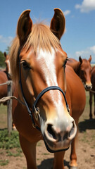 Obraz premium Horse close up,Brown hourse,beautiful brown horse eats hay,Head shot portrait close up of a beautiful saddle horse at summer paddock