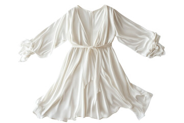 Elegant white dress with flowing sleeves and waist tie, perfect for warm summer days isolated on transparent background