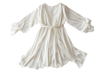Elegant white dress with flowing sleeves and waist tie, perfect for warm summer days isolated on transparent background