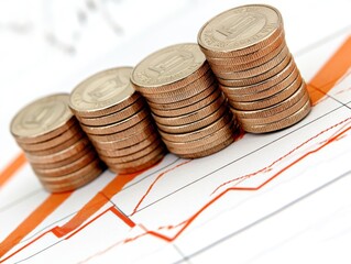 Rising stacks of coins over financial chart