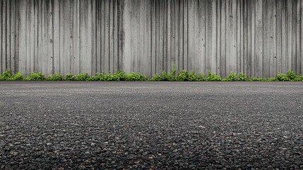Concrete Wall, Asphalt Road, and Greenery: A Minimalist Urban Scene