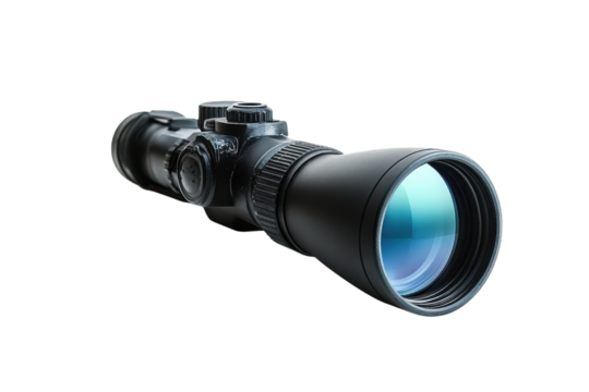 A sleek black rifle scope displays precision optics against a minimalist backdrop isolated on transparent background