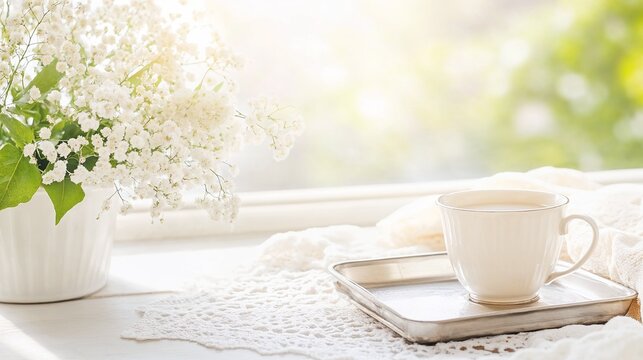 Shabby chic style morning setup with white flowers and coffee cup by sunny window - perfect for lifestyle blogs, home decor websites, and social media content about cozy morning routines - Powered by Adobe