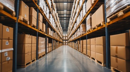 Fototapeta premium Large Warehouse Interior with Tall Storage Racks in Chaotic Arrangement of Packed Boxes