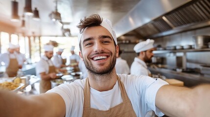 Cheerful chef in commercial kitchen spreading arms in welcoming gesture, useful for restaurant staff recruitment, culinary school advertising, and food business websites