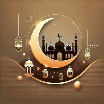 Generative ai image of Islamic illustration with crescent moon, mosque and glowing lanterns, gold and brown tones, peaceful ramadan atmosphere