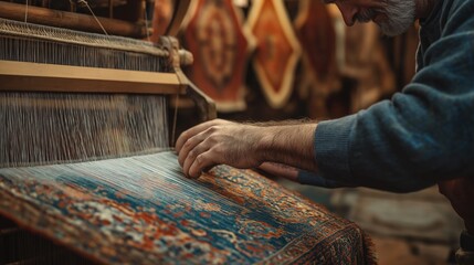 Skilled Artisan Weaving Traditional Carpet in a Workshop with Warm Earthy Tones for Craftsmanship Blogs, Cultural Preservation Campaigns, and Handmade Marketplaces