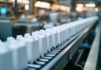 Obraz premium White cardboard packaging moving on a conveyor belt in a food processing facility with blurred background of industrial machinery