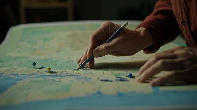 A person focuses on a map, using a pencil to mark specific locations while various colored pins are placed on it. This activity suggests planning a trip or surveying an area during the evening