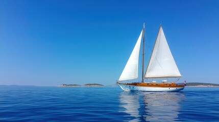 Sailboat Navigating Tranquil Blue Waters Under Clear Sky in a Serene Seascape
