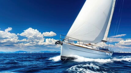 Fototapeta premium Vibrant Sailboat Navigating Through Turquoise Waters Under Bright Blue Skies