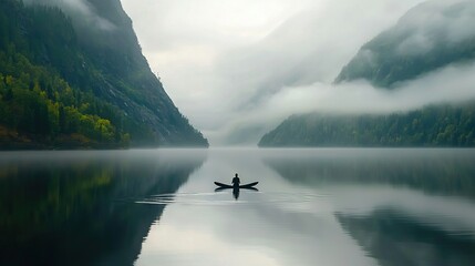   Person in canoe on lake during foggy day, with mountains in backdrop