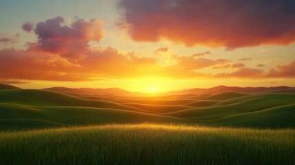 Golden Hour Serenity: Rolling Hills Sunset Landscape
