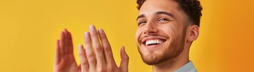 Obraz premium Team Celebrating a Big Achievement with Joyful Clapping Against a Bright Yellow Background