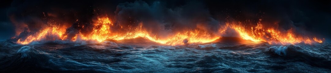 Fototapeta premium A dramatic ocean scene with fiery lava erupting in the waves creating a fiery contrast with the ocean's motion. Generative AI