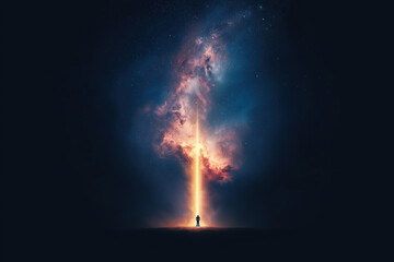 Obraz premium Silhouette of a Person Before a Cosmic Beam