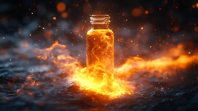 Fiery elixir bottle on dark background, sparks