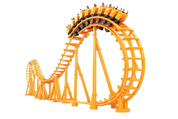 Thrilling descent on a vibrant orange roller coaster at a summer amusement park in full swing isolated on transparent background