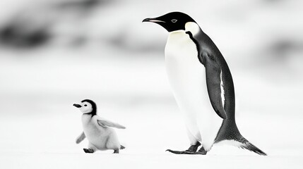 Fototapeta premium A monochrome snap of a mature penguin alongside its hatchling amidst snowflakes