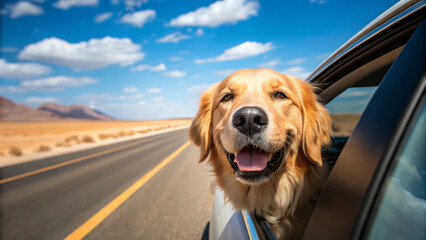 Golden Retriever Enjoying Car Ride Through Desert Landscape