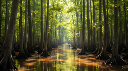 Obraz premium Scenic Sunlit Green Cypress Swamp Forest