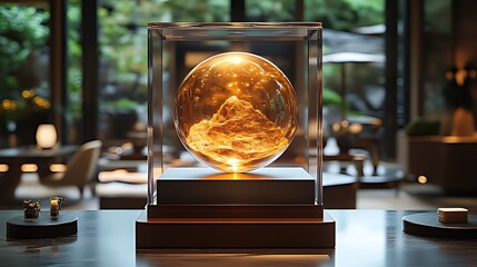 Golden sphere in glass case, luxury lobby, tranquil background, display