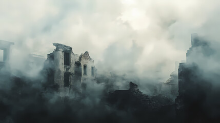 Soft white clouds floating above dark sky, misty, void, misty, void, natural landscape, calmness, silence. Emptiness - Ruins. Illustration