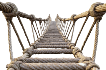 A steep rope bridge stretches high into the clouds, inviting adventurous souls to cross isolated on transparent background