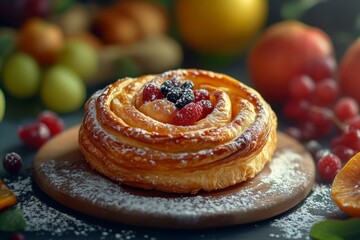 Gourmet Pastry Delight: A Swirl of Flavors with Berries and Powdered Sugar