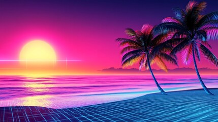Retro Sunset Beach Scene with Palm Trees and a Grid Pattern, Vivid 80s Inspired Style