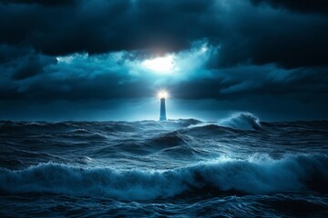 Lighthouse shines brightly amidst a dark and stormy sea, turbulent waves crashing under ominous, moody storm clouds