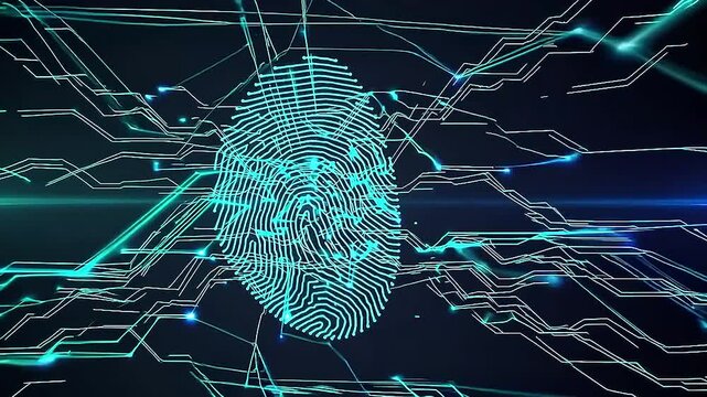 Glowing digital fingerprint pattern representing identity verification and cybersecurity.
