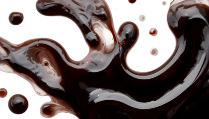 A detailed image of soy sauce spilled in a natural, flowing pattern, showcasing its rich, dark color and glossy texture, isolated on a white background with precise clipping, ideal for food photograph