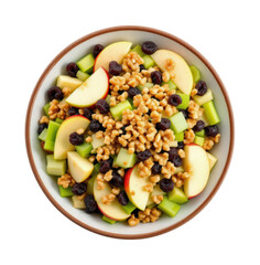 Fresh Apple and Celery Salad with Candied Walnuts and Dried Cranberries in Ceramic Bowl Healthy Breakfast Bowl Isolated on Transparent and White Background