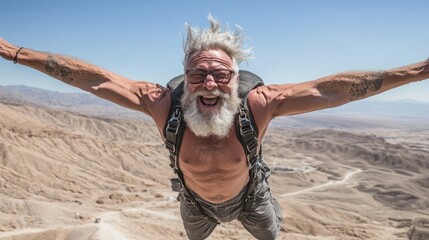 Elderly Adventurer's Joyful Leap of Faith Over Desert Canyon