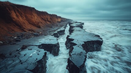 Cracked Coastline with Fallen Boulders and Devastated Cliffs. Generative AI