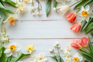 Floral Frame: Tulips and Daffodils on White Wood for Spring, Mother's Day, Easter