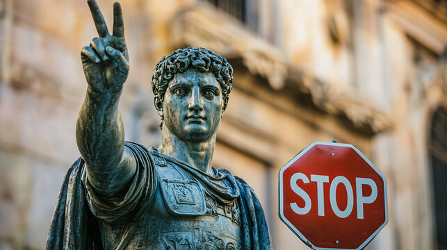 A bronze Roman statue makes a peace sign while holding a red stop sign, blending historical art with modern humor and irony

