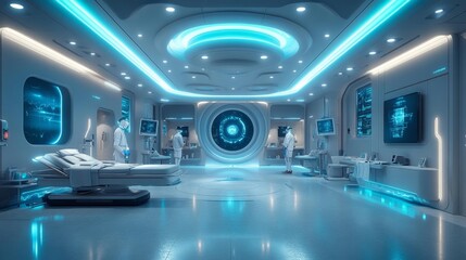 Obraz premium Futuristic hospital with AI-assisted robots assisting doctors in high-tech operating room. Generative AI