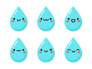 Kawaii water drop character set. Cute collection with different emotions. Vector illustration.