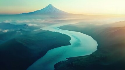   An aerial view of a river in a mountain range, with the river running through the center The mountains are visible in the distance